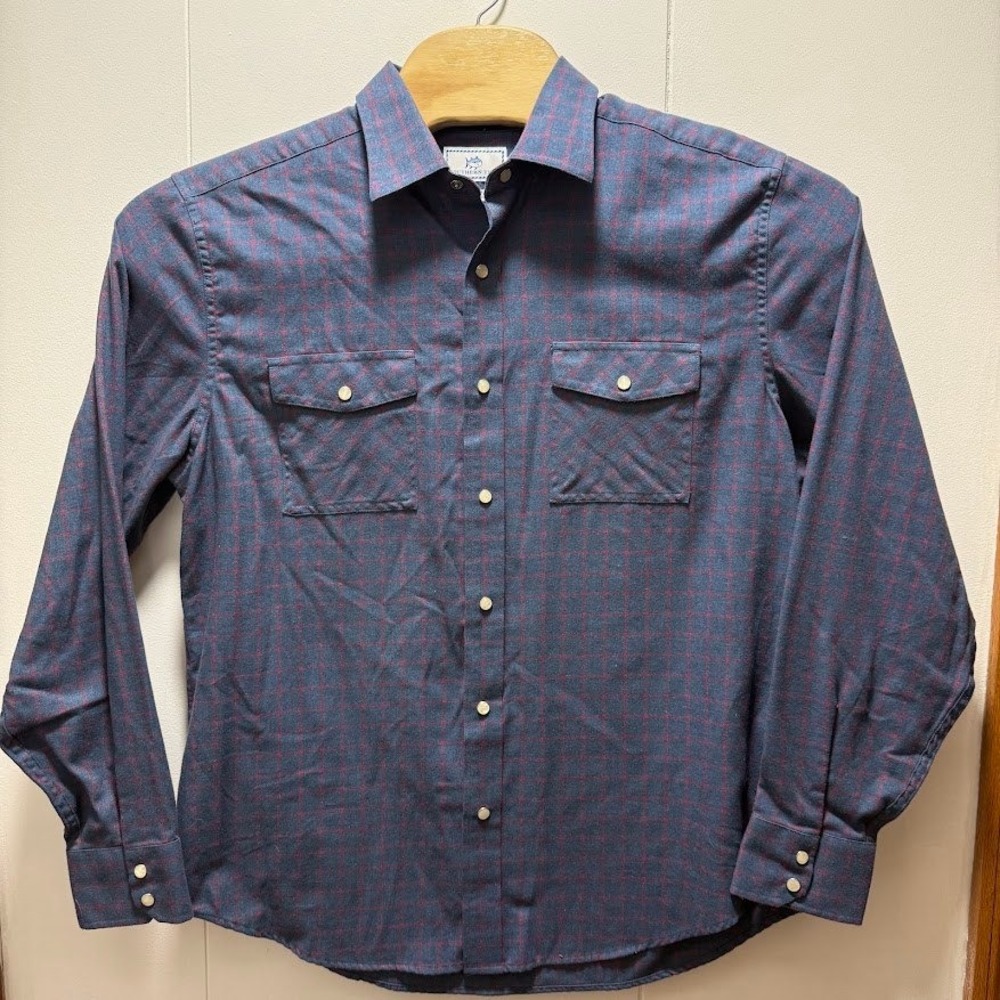 Southern Tide Mens Large Blue Red Plaid Pearl Snap Performance Shirt Classic Fit